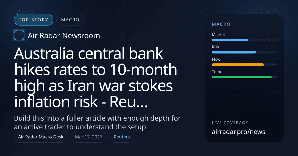 Australia central bank hikes rates to 10-month high as Iran war stokes inflation risk - Reuters