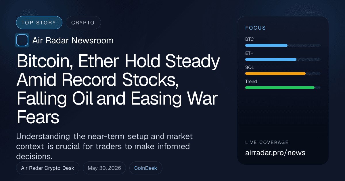 Bitcoin, Ether Hold Steady Amid Record Stocks, Falling Oil and Easing War Fears