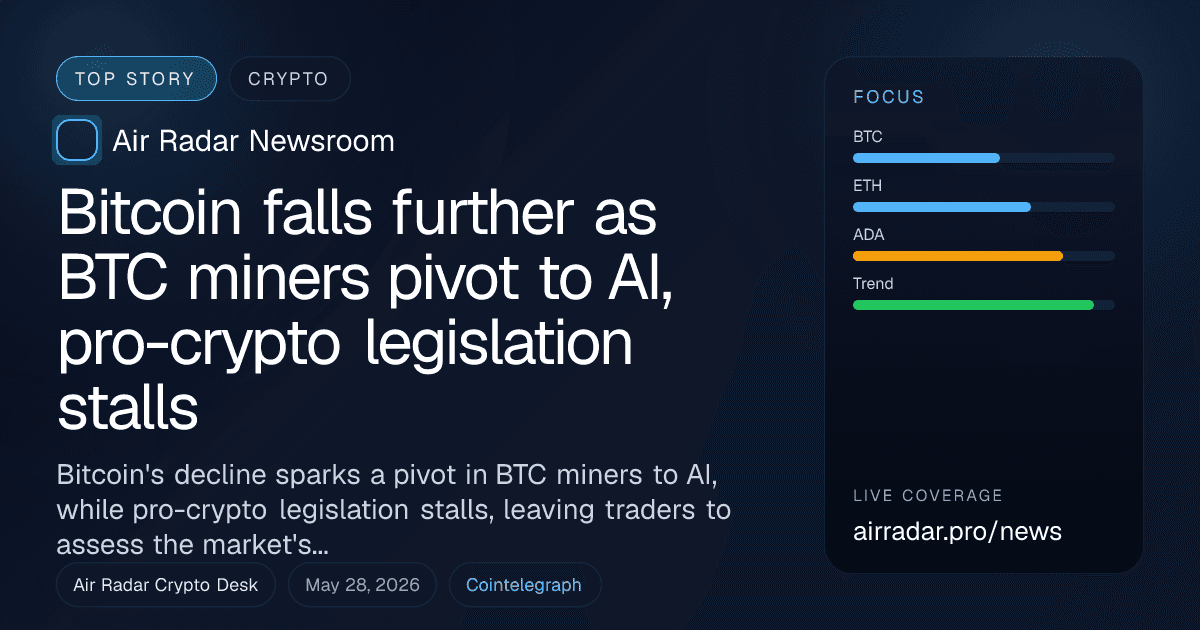 Bitcoin falls further as BTC miners pivot to AI, pro-crypto legislation stalls