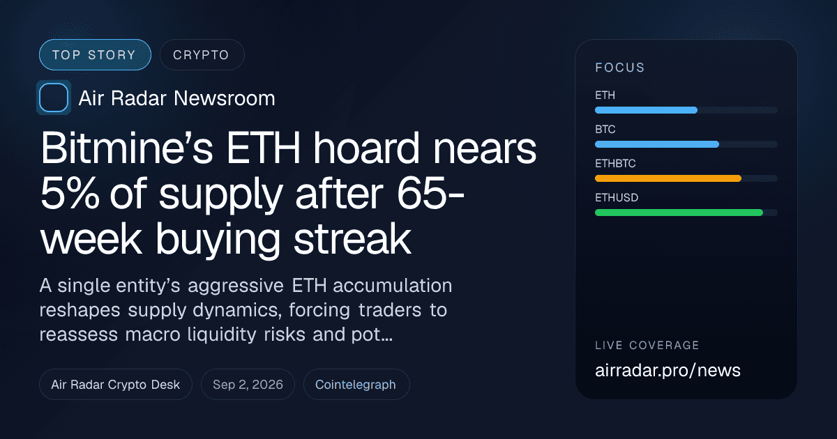 Bitmine’s ETH hoard nears 5% of supply after 65-week buying streak